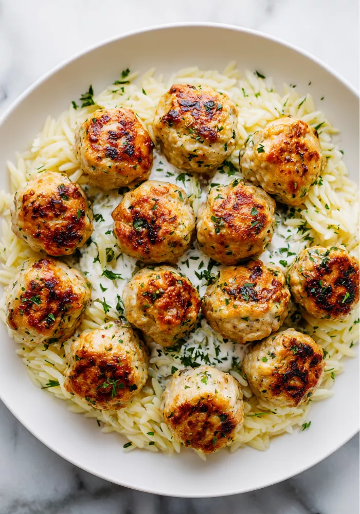 Greek Chicken Meatballs with Lemon Orzo Recipe